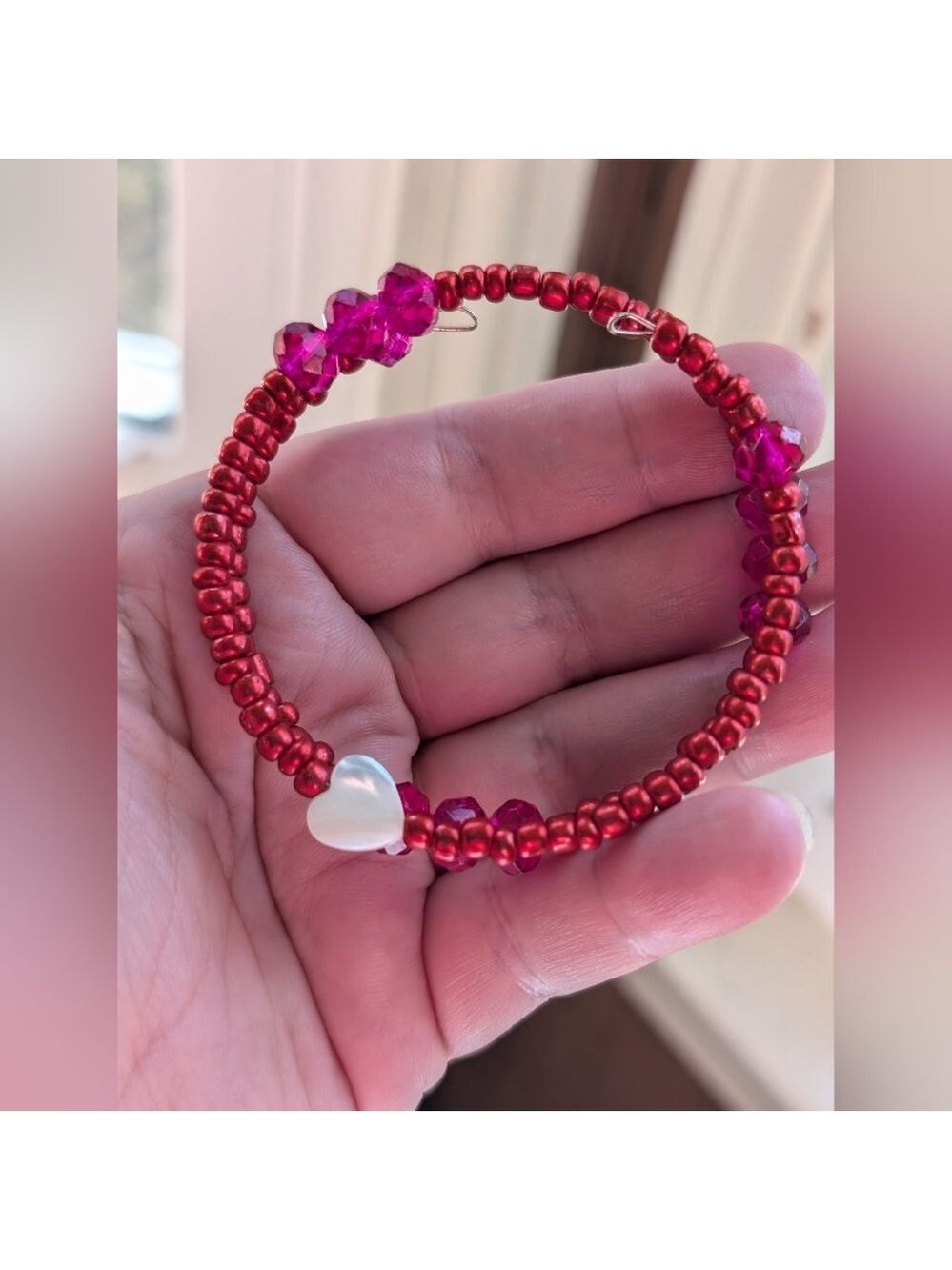 Red and fuscia handmade memory wire beaded bracelet